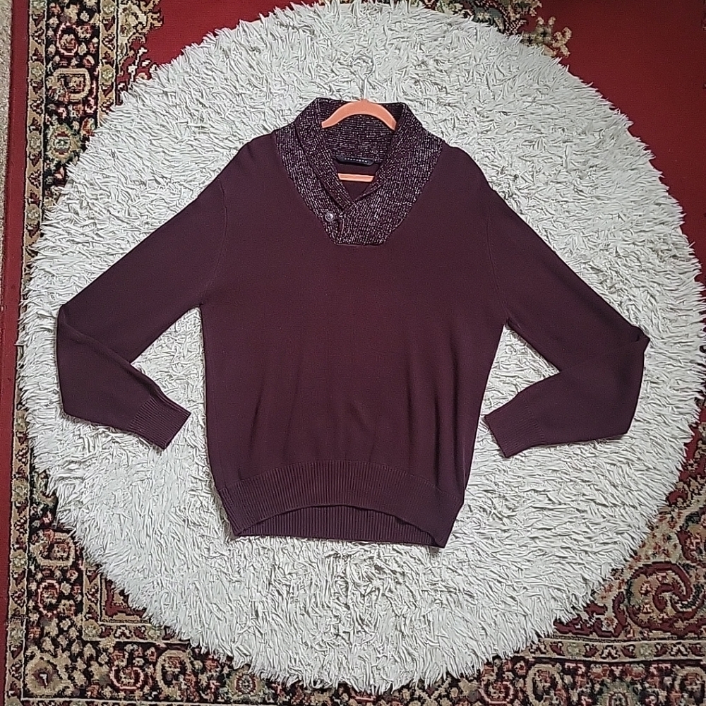 Mens Sean John Sweater Size Large Burgundy Red Pullover Fold Collar Fall